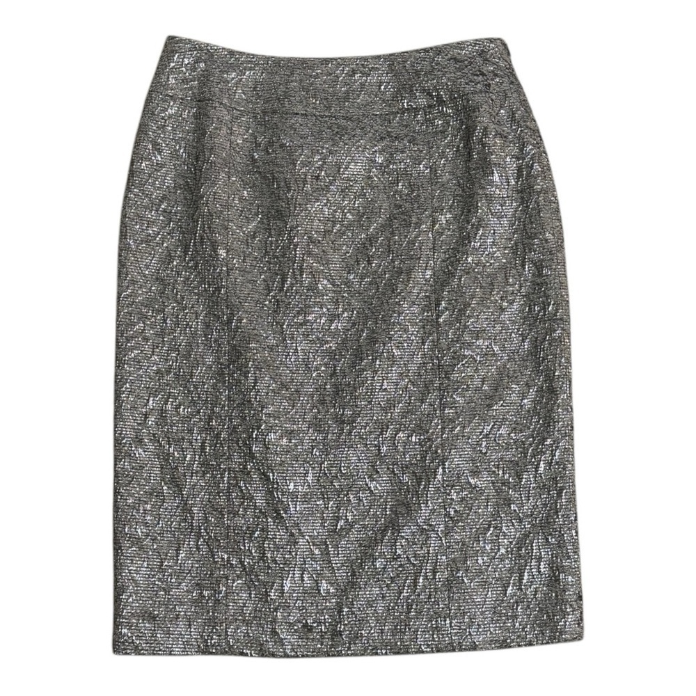 LAFAYETTE 148‎ Metallic Silver Brocade Jacquard Midi Pencil Skirt Size 6 Party